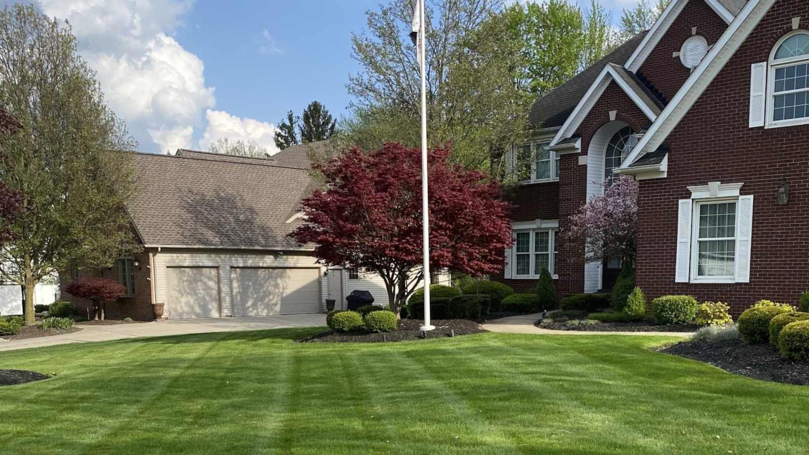 A striped, freshly mowed lawn in front of a red brick house, with a flagpole, a red Japanese maple and mulched beds along the front walk.